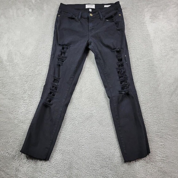 Frame Denim Black Noir Cotton Blend Distressed Le Skinny De Jeanne Jeans Size 28 - Picture 1 of 13